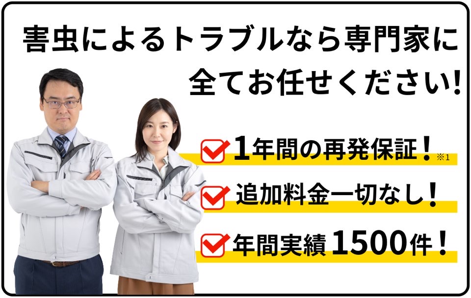 害虫によるトラブルなら専門家にお任せ下さい！1年間の再発保証、追加料金一切なし、年間1500件以上の駆除実績