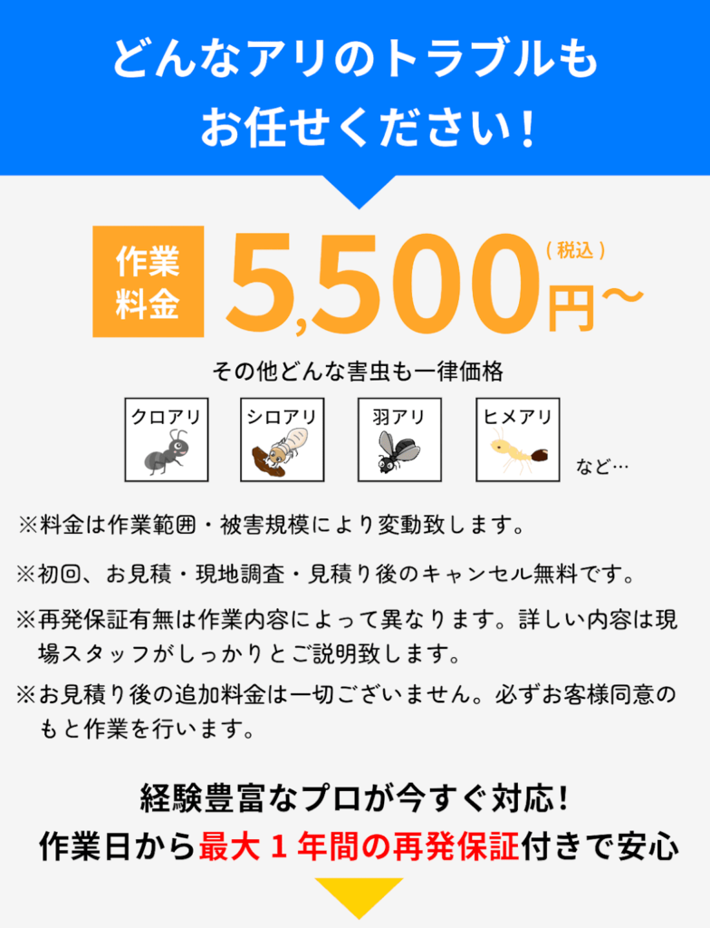 どんなアリのトラブルもお任せ下さい！作業料金5500円～